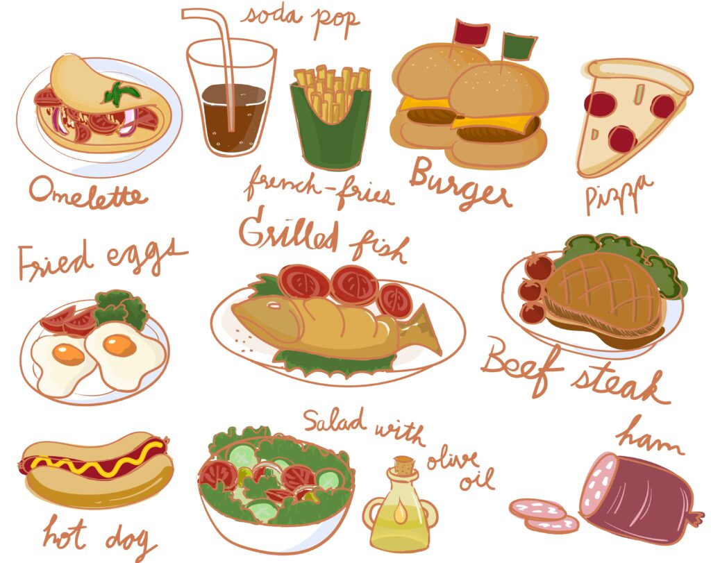 Illustrations of different food items, courtesy of freepik.com.