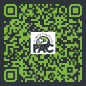 QR Code:

With a dark grey background, with dots of a medium green colour (the Hastings School colours!), with a small square featuring the Hastings PAC logo in the centre.

The Hastings PAC logo is a white square, featuring a centred line drawing of a wolf facing up and to the left (it looks like it's howling), inside of a circle. The interior of the circle is the same green colour as the dots in the QR code, the lines depicting the wolf and circle are the same dark grey colour as the background of the QR code.

In an arc over the circle we see the words 'Hastings Elementary', and across the bottom of the circle we see the acronym 'PAC.'